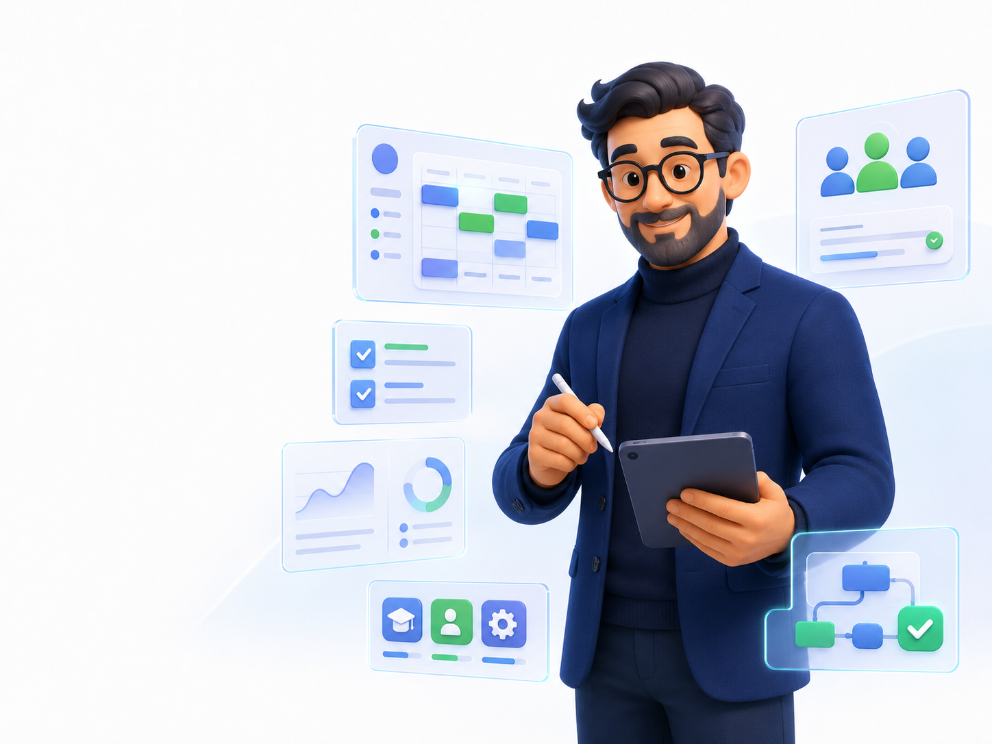 3D-герой AbitApp с интерфейсами университетских сервисов